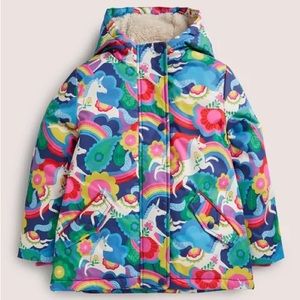 Mini Boden Girls Jacket - Sherpa Lined Anorak - Multi Flowerpatch Unicorns